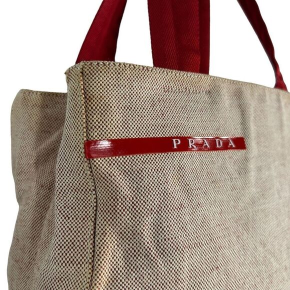 AuthenticāPrada Canvas Tote w/Beige & Red Tint w Logo Handbag - Picture 3 of 15